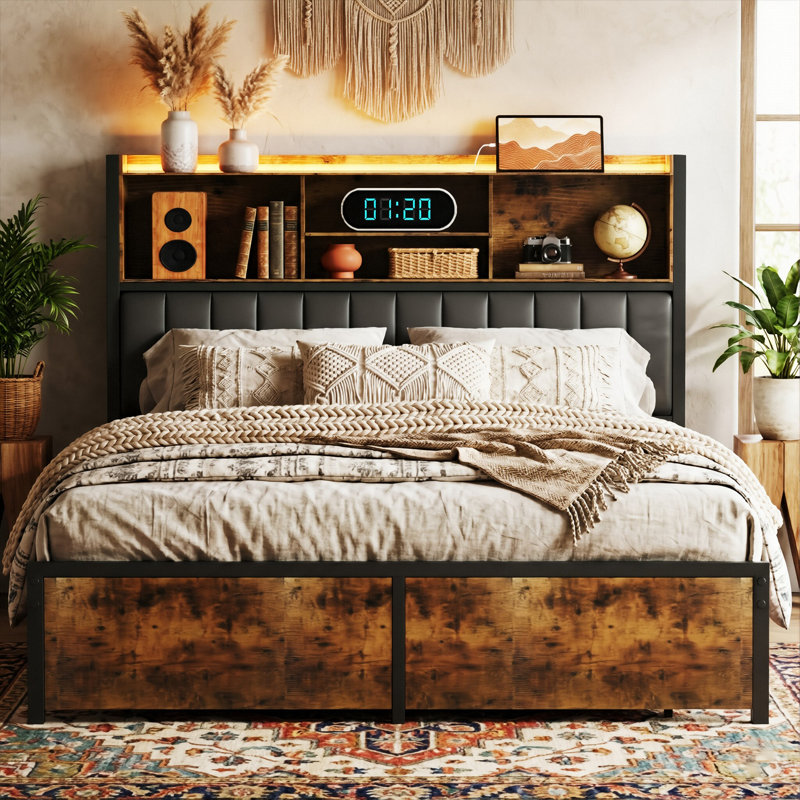 Industrial Metal Upholstered Storage Bed With Bookcase Headboard & Charging Station (USB/Type-C), Rustic Brown & Black PU Frame With LED & 2 Drawers, EU Double & King 140/160X200cm