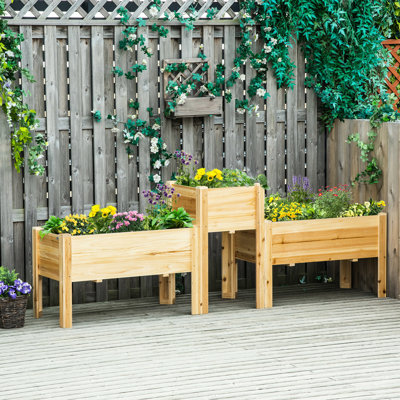De 3 jardinières surélevées, boîtes à fleurs surélevées en bois avec pieds et doublures. Pour le patio. Cultivez des légumes, des herbes et des fleurs. Bois naturel. Respirant, drainage de l'eau. Solide et polyvalent