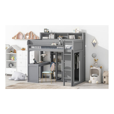 Lit mezzanine simple en bois avec plusieurs tablettes de rangement et garde-robe, gris