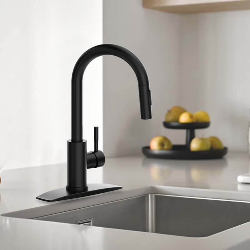 Pull Down Single Handle Kitchen Faucet With Deck Plate, Handles and Supply Lines, Black