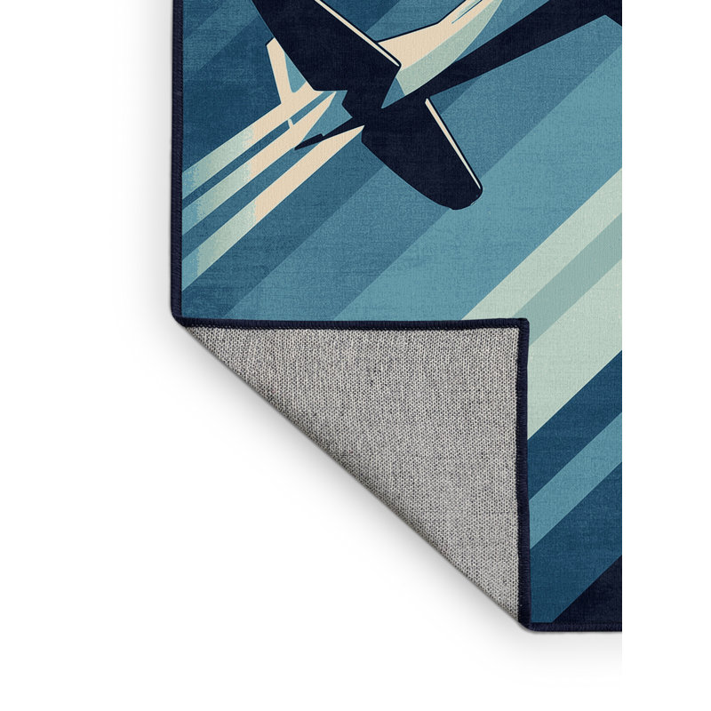 Machine Washable Daleville Seaplane Airplane Coastal Rug in Blue – Navy Binding, 5x8