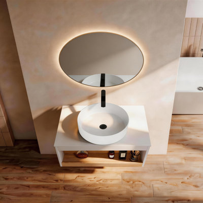  Meuble-lavabo flottant 30 po, lavabo vasque blanc brillant, base en chêne clair
