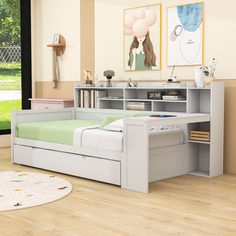 Lit de jour en bois avec tablettes de rangement, lit gigogne et bureau d'étude, Lit simple, Blanc antique
