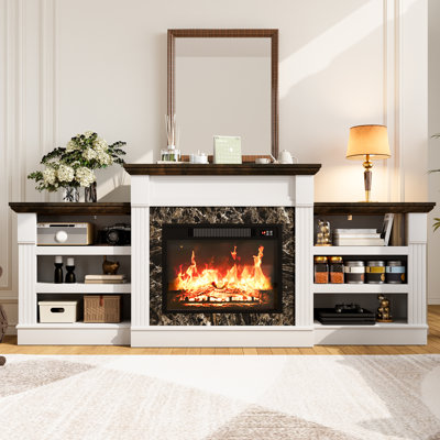 72'' Farmhouse Fireplace Tv Stand -Entertainment Center With Walnut Top Storage Cabinet, Large Tv Stands With Electric Fireplace, Broken Rock-Like Surround And Remote Control 3D Realistic Flame,White
