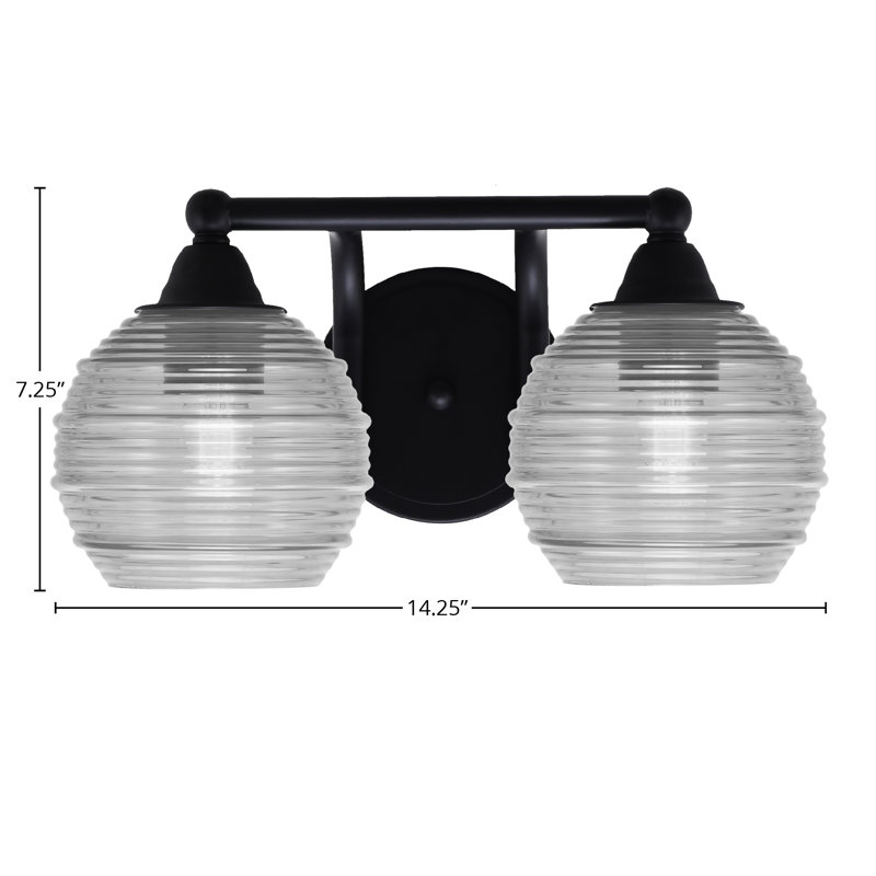 Barre d'éclairage de salle de bain 2 lumières Sonali au fini noir mat avec verre nervuré de 6 po, Gris clair