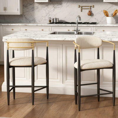 Ensemble de 2 tabourets de comptoir rembourrés modernes avec structure en fer et accents dorés, pour 2 sièges de cuisine élégants