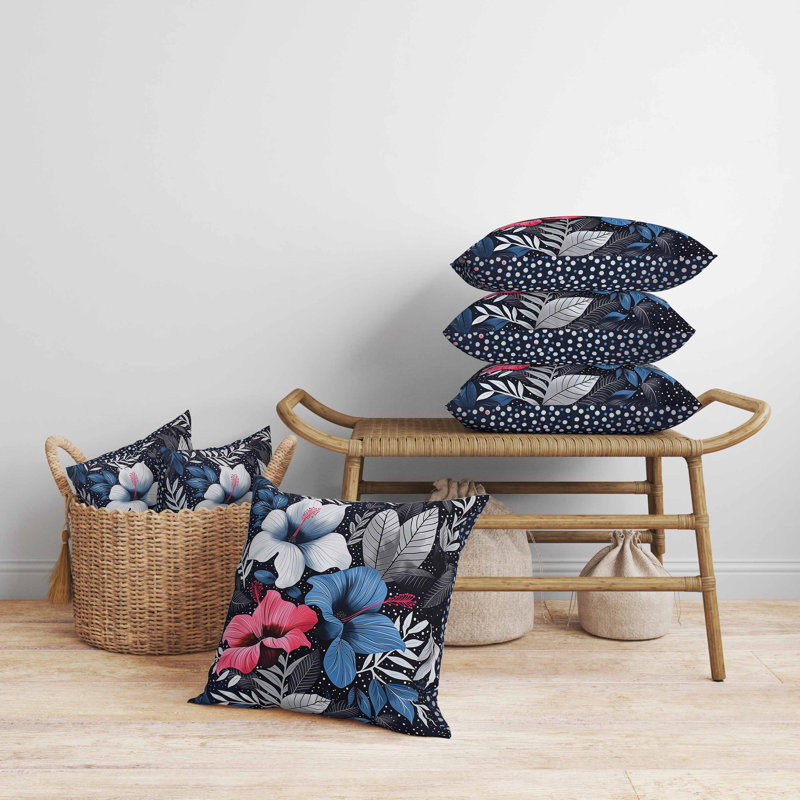 Coussin en suède à motif floral, Bleu, Carré 16 po