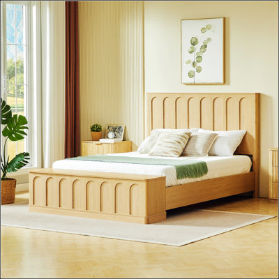 Queen Size Bed Frame with Hydraulic Storage, Mid-Century Modern Wood Platform, Arched Panel Design, No Box Spring Needed, Oak