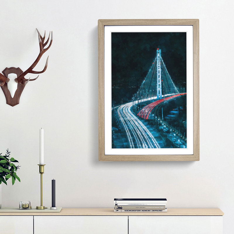 Oakland Bay Bridge In San Francisco - Single Picture Frame Print on MDF, Oak Framed, 87cm H x 62cm W x 2cm D