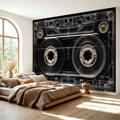 Papier peint adhésif et ruban adhésif audio-vidéo noir et blanc avec bobines noires, rétro, musique, conception, adhésif, papier contact amovible, décoration murale pour salon, chambre à coucher H 69 po x l 96 po