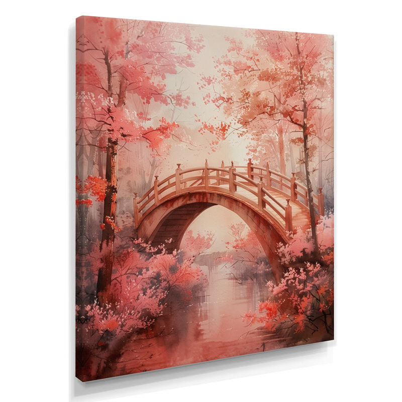 «Pink Brown Spring Bridge of Dreams Blooms IV», reproduction d'art mural, Toile tendue, H 16 po x l 32 po