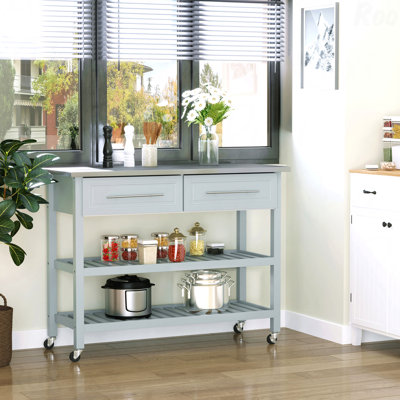 Îlot de cuisine avec plateau en acier inoxydable, îlot de cuisine traditionnel avec rangement, 2 tablettes ouvertes, tiroirs, gris clair