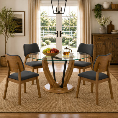 47.2" Round Glass Dining Table Set for 4, 5-Piece Modern Kitchen Table and Chairs Set with Wood Pedestal Base & PU Upholstered Chairs