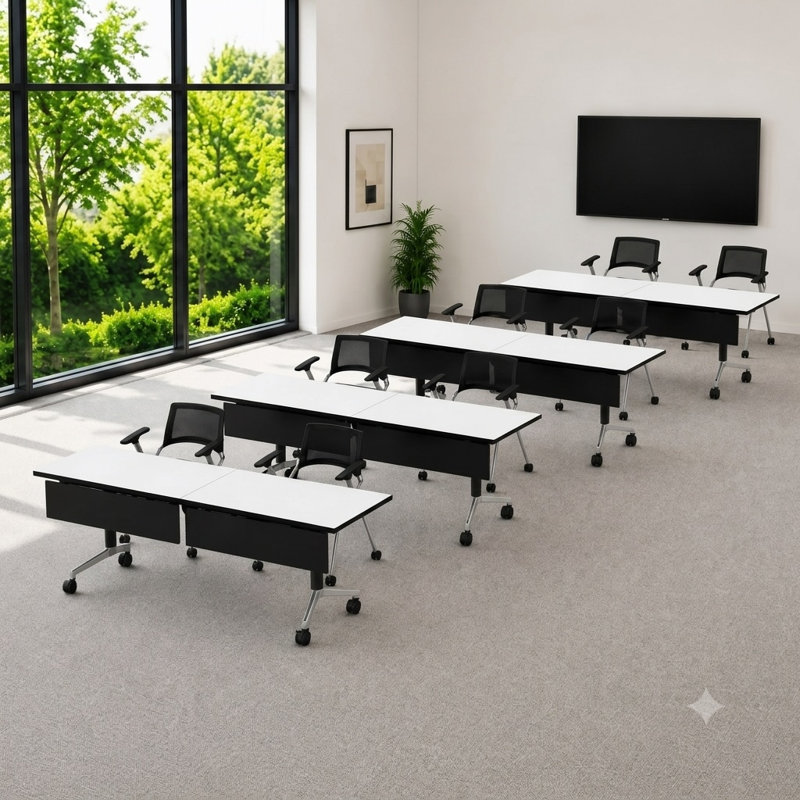 Tables de formation pliables pour 8 personnes, extra longues pour les colloques et les conférences avec plateau épais de couleur blanche, pieds pliables et boîtiers électriques intégrés.