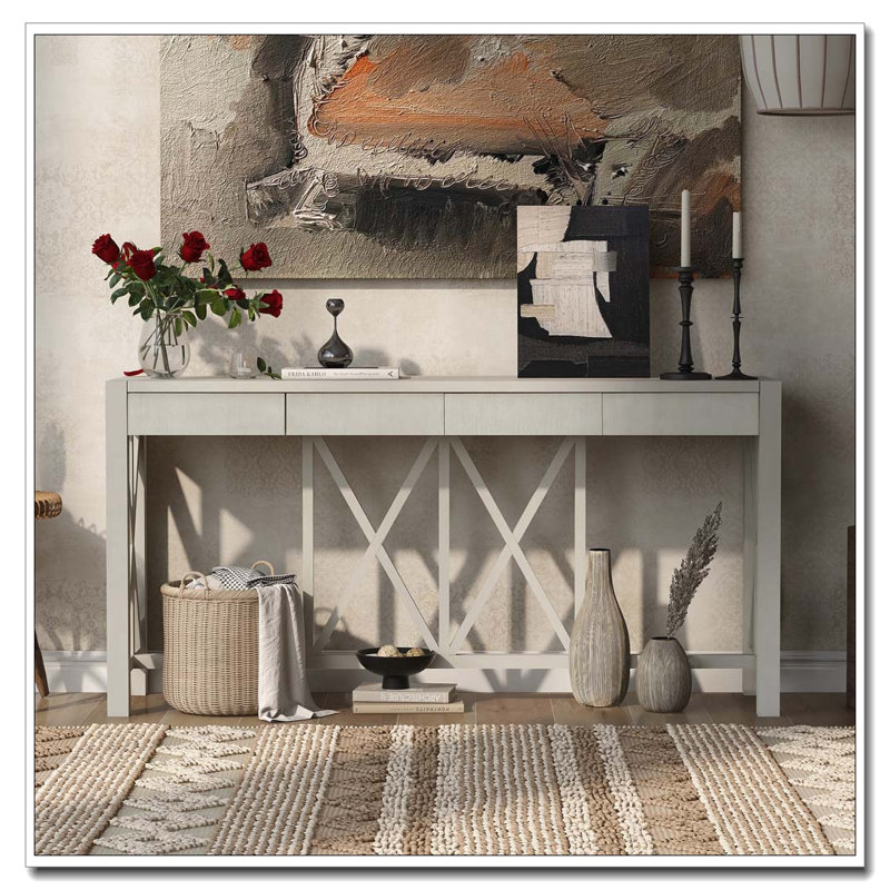 Console 60 po avec 4 tiroirs spacieux, Beige