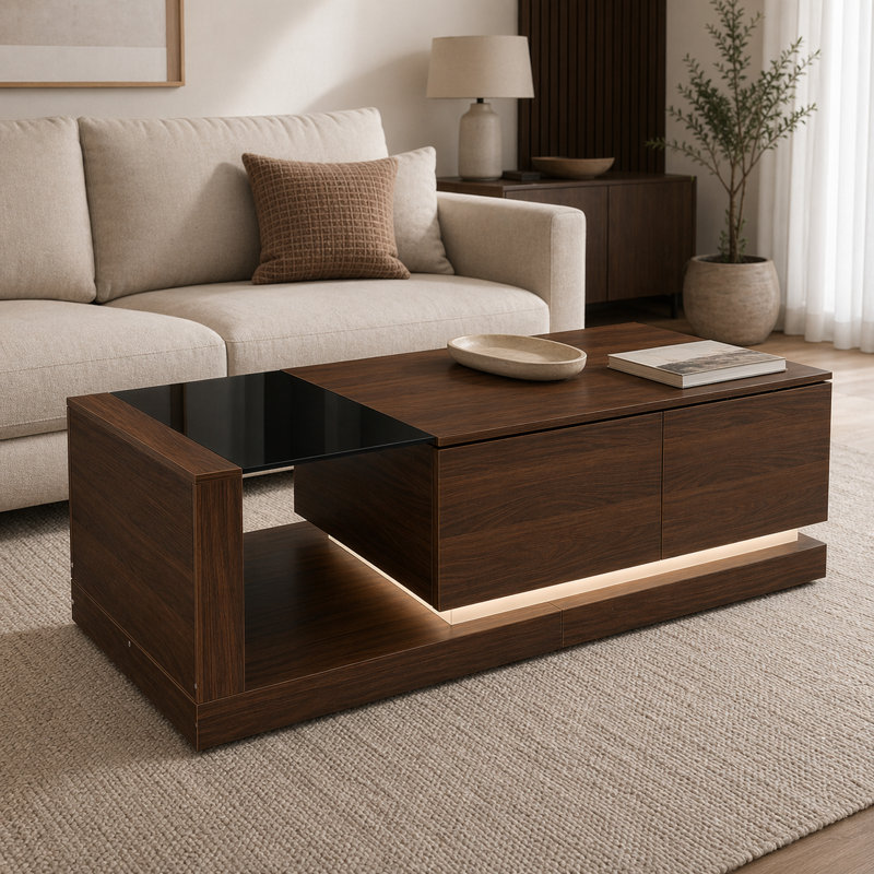 Table basse moderne en noyer de 59,1 po avec 2 tiroirs et lumière DEL Culver