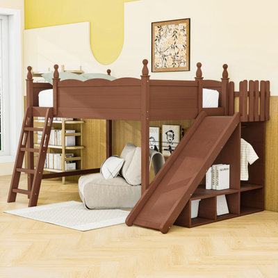 Wooden Loft Bed with Wardrobe, Slide and Shelves