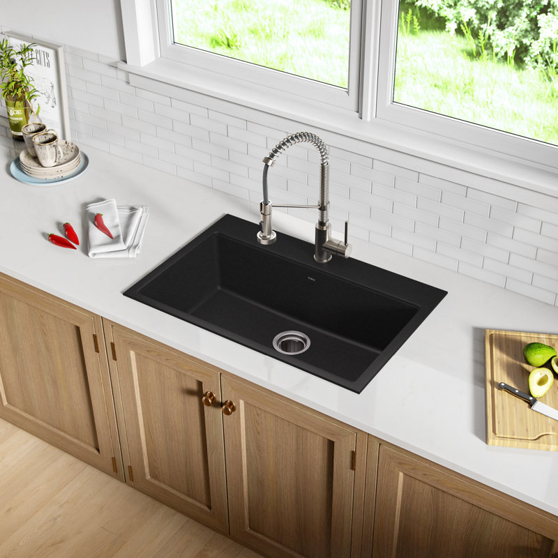 Évier de cuisine en granit à double montage KRAUS avec options d'installation encastrée et sous-comptoir, Noir