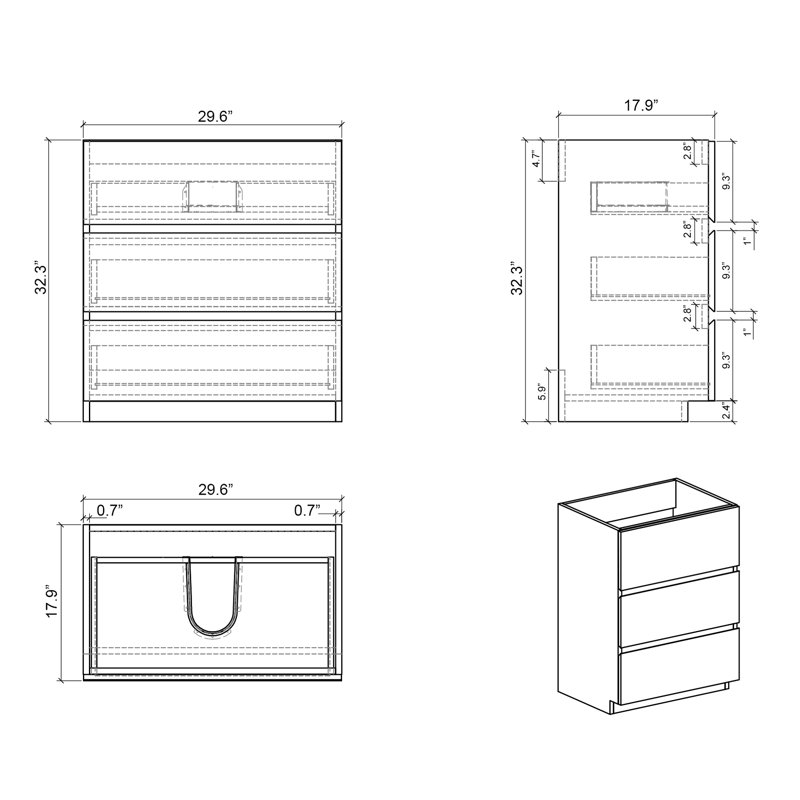 3 armoires - sans lavabo, noyer, élégance moderne, espace de rangement maximal, lavabo en noyer 3, volume maximal, 30"