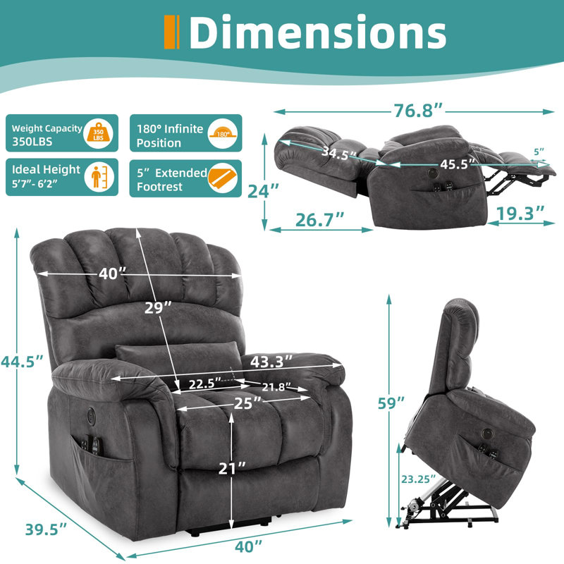 Meetwarm Oversized Dual Motor Power Lift Chair With Extended Footrest For Big Tall Elderly, Infinite Position Lay Flat Sleeper Electric Recliner, Heat Massage, Lumbar Pillow, Usb & Type-C Ports
