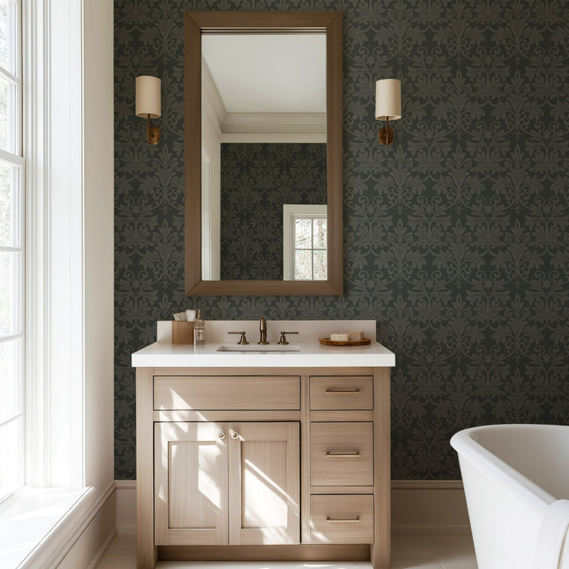 Rococo Relief - Wallpaper, Obsidian, Faux Grasscloth