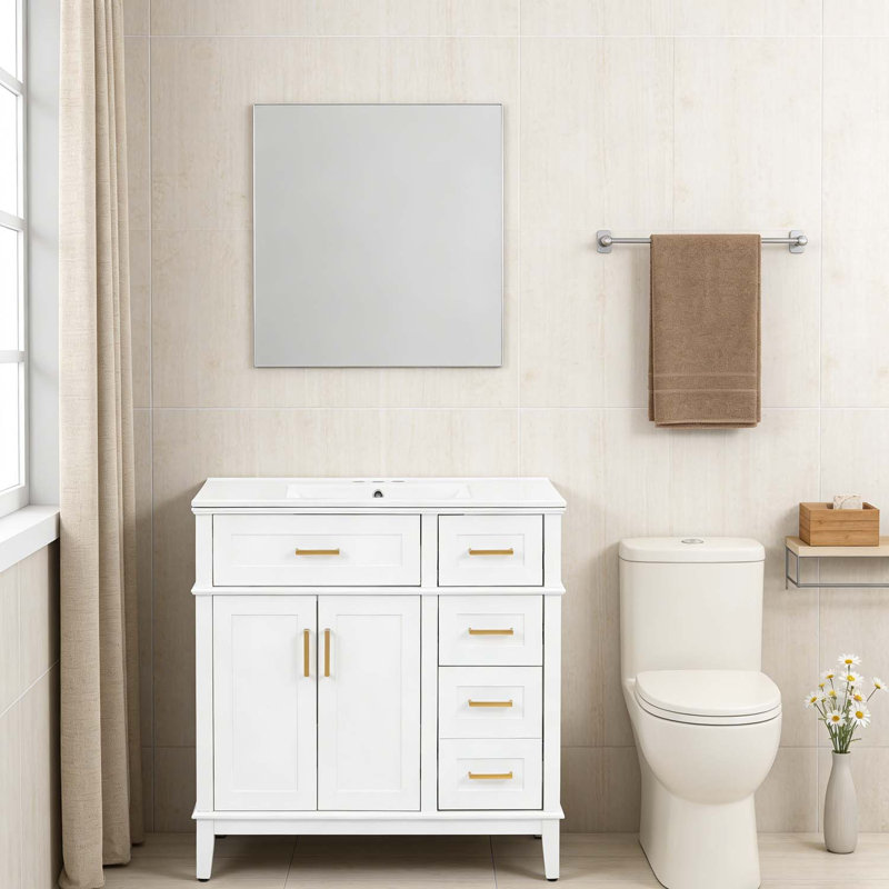 Modern Bathroom Vanity with Ceramic Sink,Soft-Close Doors, White