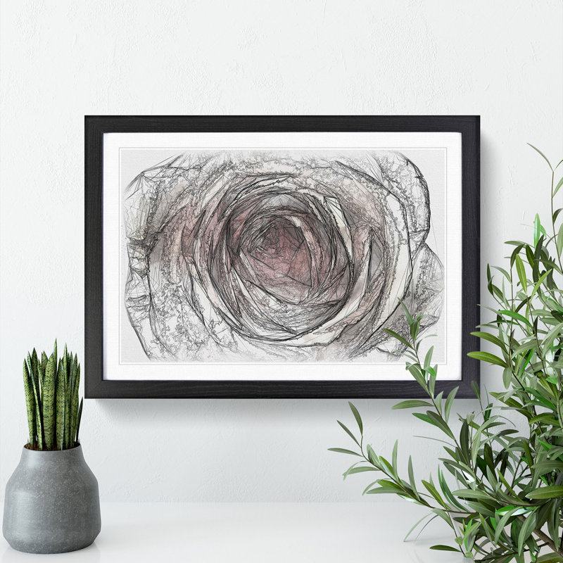 Pink Rose Flower Vol.3 - Picture Frame Drawing, 27cm H x 36cm W x 2cm D, Black Framed