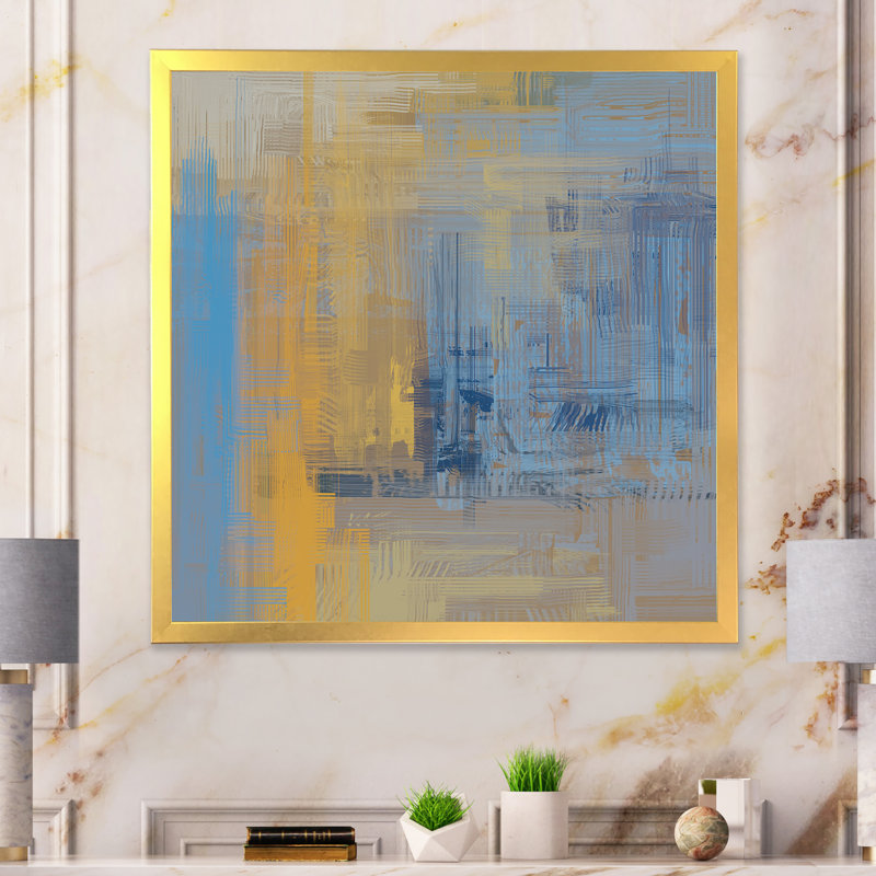 «Yellow and Blue Grunge Frozen Art», reproduction d'art sur toile encadrée, H 30 po x l 30 po x P 1 po, Cadre doré