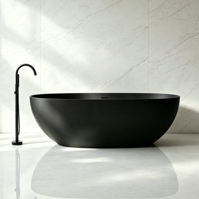 MonBlari 55" X 27.5" Solid Surface Freestanding Black Soaking Bathtub With Overflow And Pop-Up Drain For Bathroom