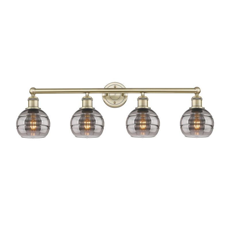 Éclairage pour meuble-lavabo à 4 lumières Chartoff, Gris fumée clair, Laiton antique