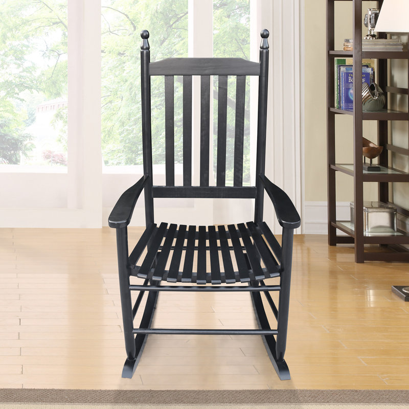Black Wooden Chair For Porch Rocker - Solid Hardwood Structure, Comfortable Seat & Armrest, Strong Slatted Back, Easy Installation, 250Lbs Max Weight Balcony Black, Stable Assembly, Capacity