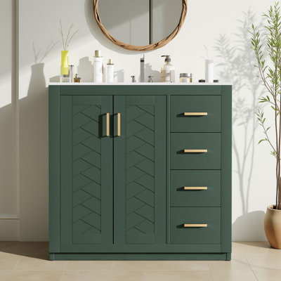 36" Free-Standing Bathroom Vanity Set With Ceramic Sink, Bathroom Srorage Cabinet With Soft Closing Doors & 3 Deep Drawers
