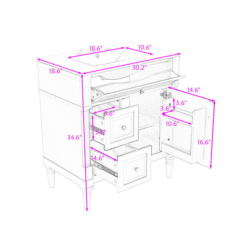 Meuble-lavabo avec lavabo en céramique, tablette réglable, 3 tiroirs et armoire de rangement, Blanc, 30"