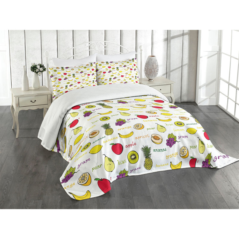 Ambesonne Fruits Bedspread Set  Summer Fresh Eating  Purple Yellow Ruby, King Coverlet / Bedspread + 2 Standard Shams