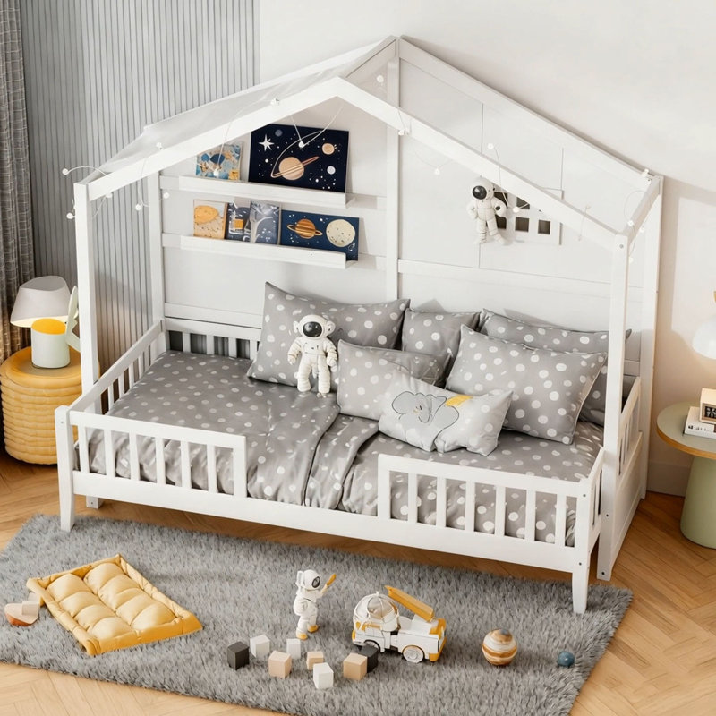Lit maison avec tablettes, lit maison avec fenêtre et bande lumineuse scintillante sur le toit