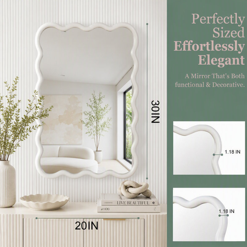 Wavy Rectangle Solid Wood Frame Mirror, White