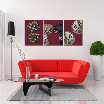 3 pièces à la mode léopard toile art Funky Lucky 8 ball photos décoration murale guépard éclectique esthétique BCBG affiches peintures pour dortoir chambre salle de bain décoration se préparer à accrocher