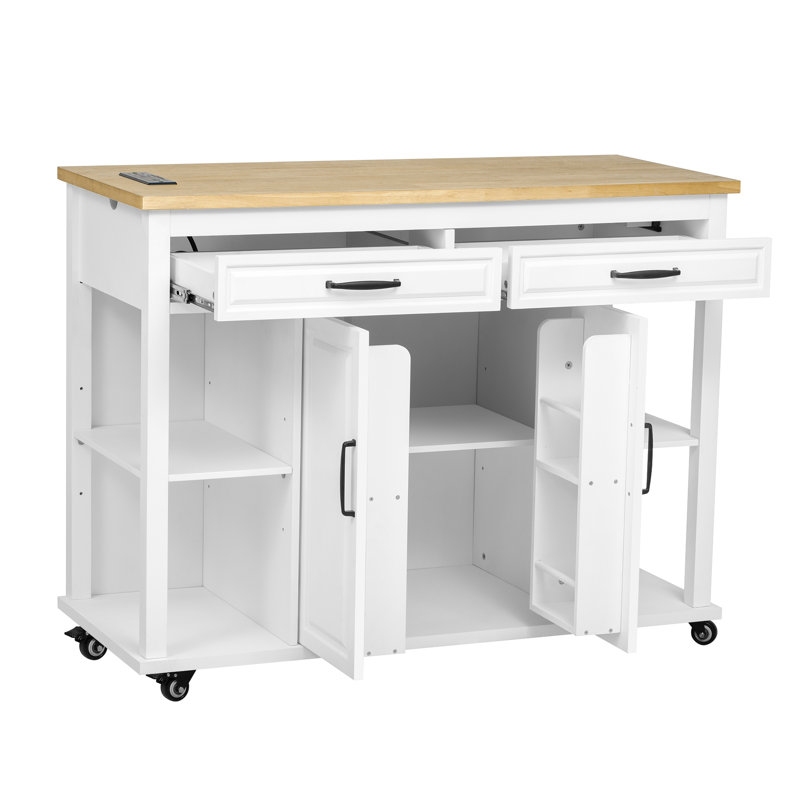 47 - Inch Kitchen Cart With Extendable Table, Rubber Wood Veneer Top, Adjustable Shelf Units, Soft Close Drawer Mechanisms Shelving, Hinges