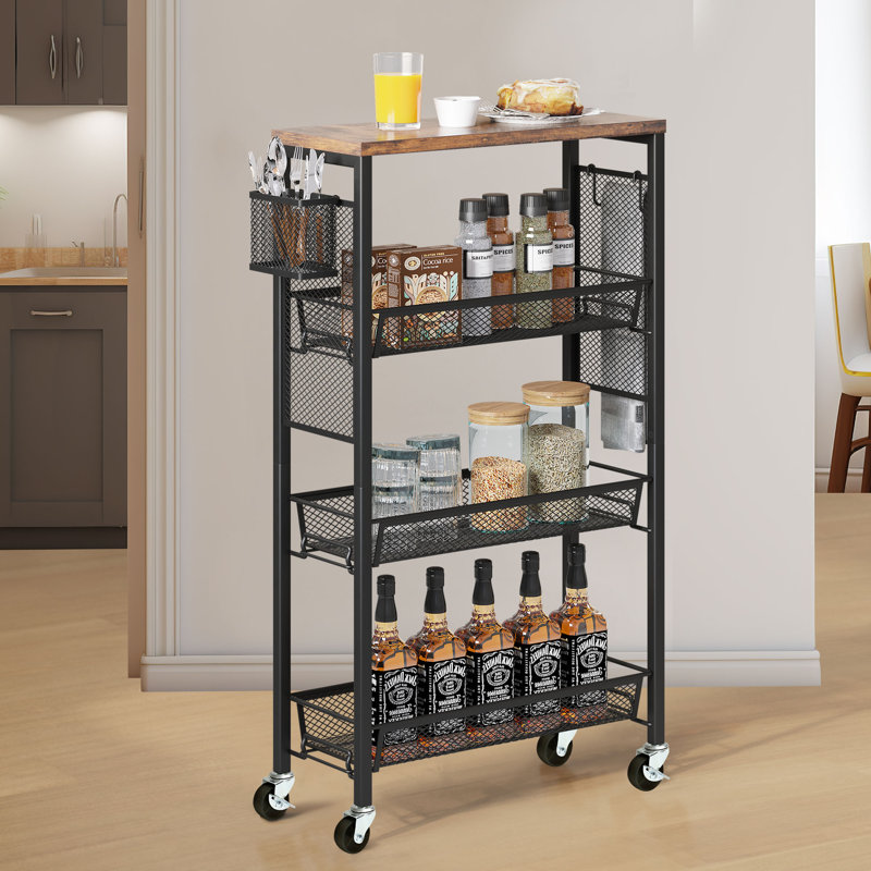 4-Tier Slim Storage Kitchen Cart With Wheels, Mobile Utility Cart With Wooden Tabletop And Mesh Baskets