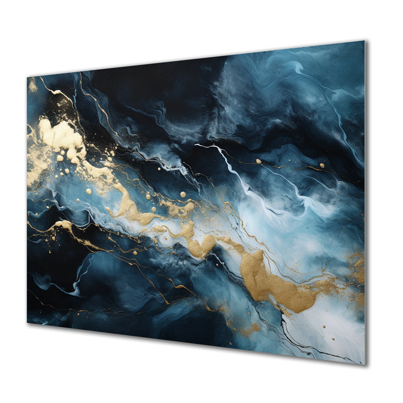 Or mystique marbré abstrait doré et bleu - décoration murale en marbre, H 24 po x l 32 po x P 1 po