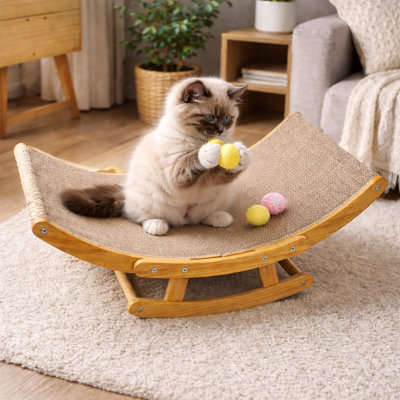 Griffoir et chaise berçante 3 en 1 pour chat, griffoir incurvé en carton ondulé avec base à bascule en bois, lit et meuble de jeu pour chats d'intérieur