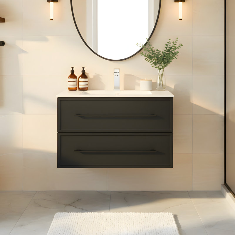 Meuble-lavabo mural simple 30 po avec plateau en marbre Milano, Noir