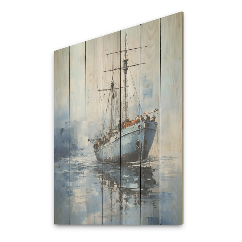 Bateau minimaliste blanc et bleu Horizong II - minimalisme côtier sur bois, H 20 po x l 10 po