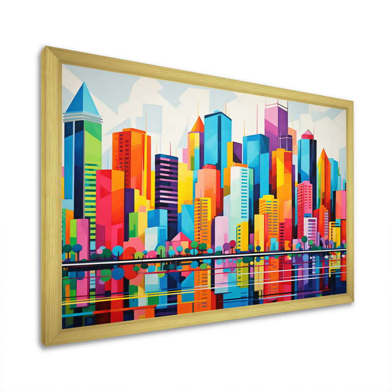 «Pop Miami Cityscape II», reproduction sur toile, Cadre doré à une seule photo, H 30 po x l 40 po x P 1,5 po