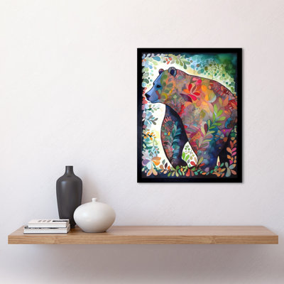Grizzly Bear With Botanical Patterns Folk Art Watercolour Painting Art Print Framed Poster Wall Decor 12x16 inch