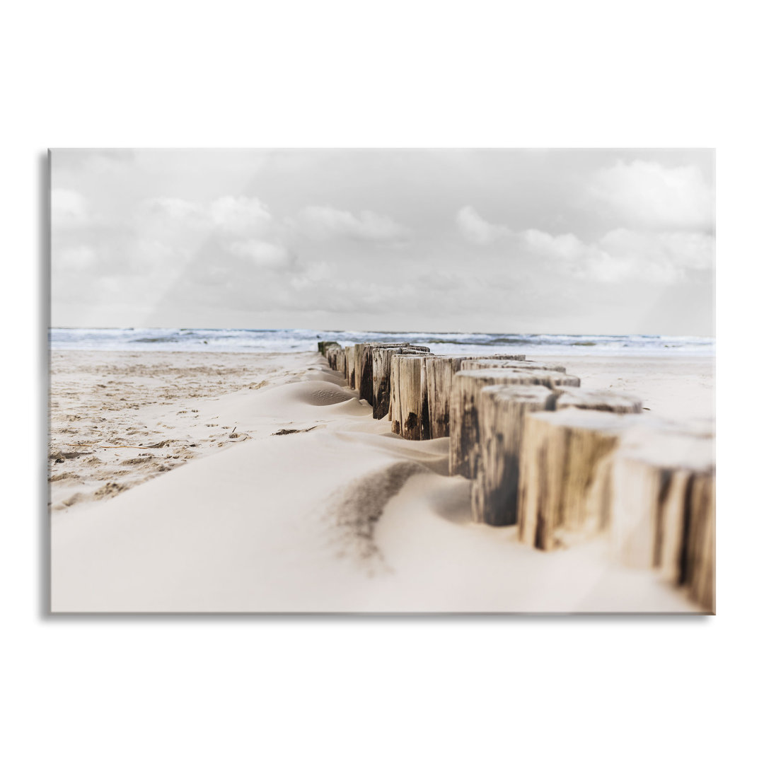 Nahaufnahme Steg Aus Holzpföcken Am Meer B&W Detail Als Leinwandbild