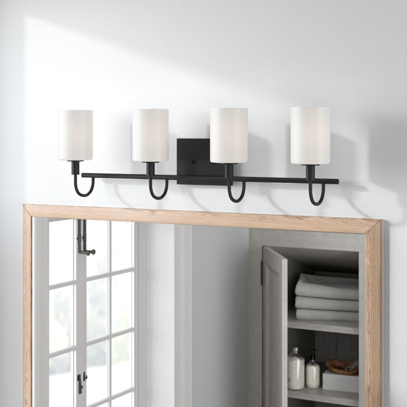 Rowley 33.88" W Steel 4-Light Dimmable Vanity Light with Drum Shades, Midnight Black