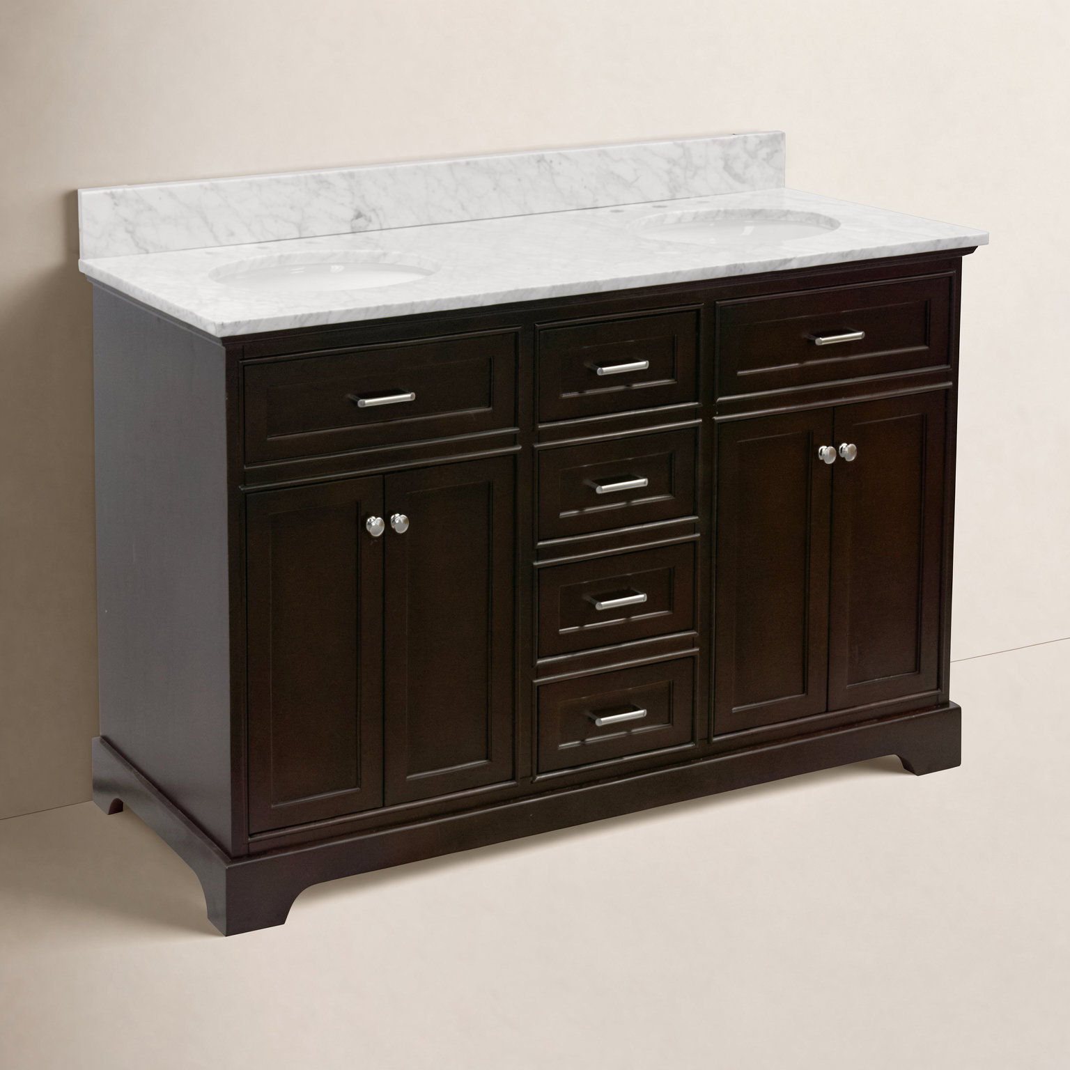 60'' Double Bathroom Vanity, Chocolate, Carrara Marble