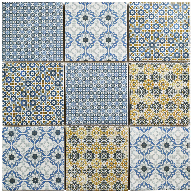 Classico 4" x 4" Porcelain Grid Mosaic Wall & Floor Tile, Blue/Gold