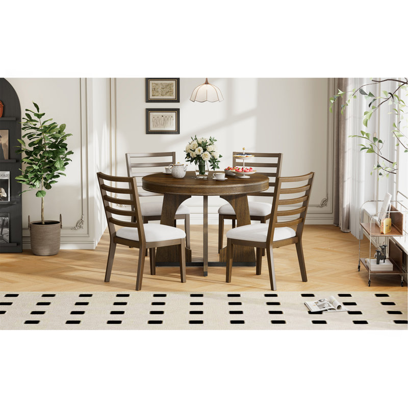Ensemble de table de salle à manger ronde pour 4 personnes avec chaises, ensemble de table de salle à manger extensible avec rallonge amovible de 16 po, ensemble de table de salle à manger rétro 5 pièces à motif géométrique unique pour la cuisine, la salle à manger (noyer)